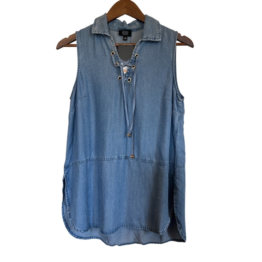 Jones New‎ York Signature Blue Lyocell Lace Up Sleeveless Denim Tunic Top Small